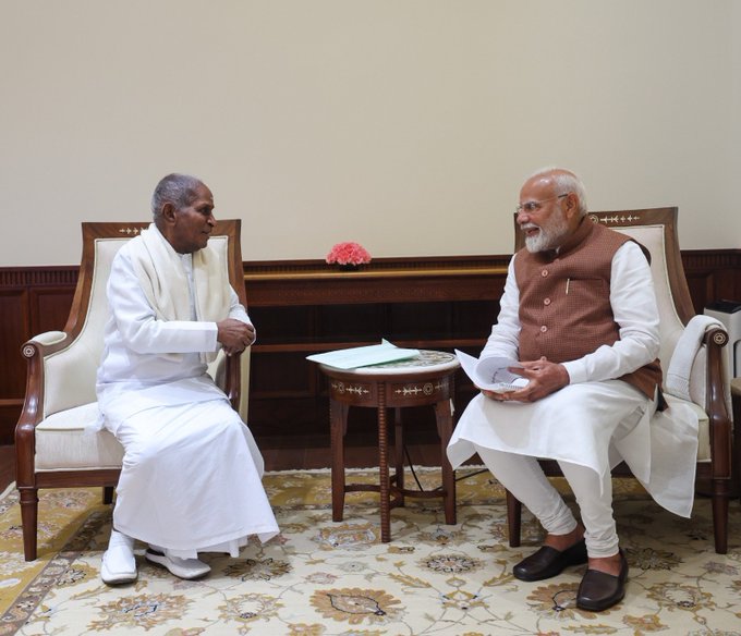 Ilaiyaraaja Meets PM Modi A Celebration of Musical Excellence. Rajya Sabha MP and legendary music composer Thiru Ilaiyaraaja recently met Prime Minister Narendra Modi in New Delhi. The meeting marked a significant moment in the world of music, as Prime Minister Modi praised Ilaiyaraaja’s latest global achievement — the successful performance of his first-ever Western classical symphony, Valiant, in London with the prestigious Royal Philharmonic Orchestra.